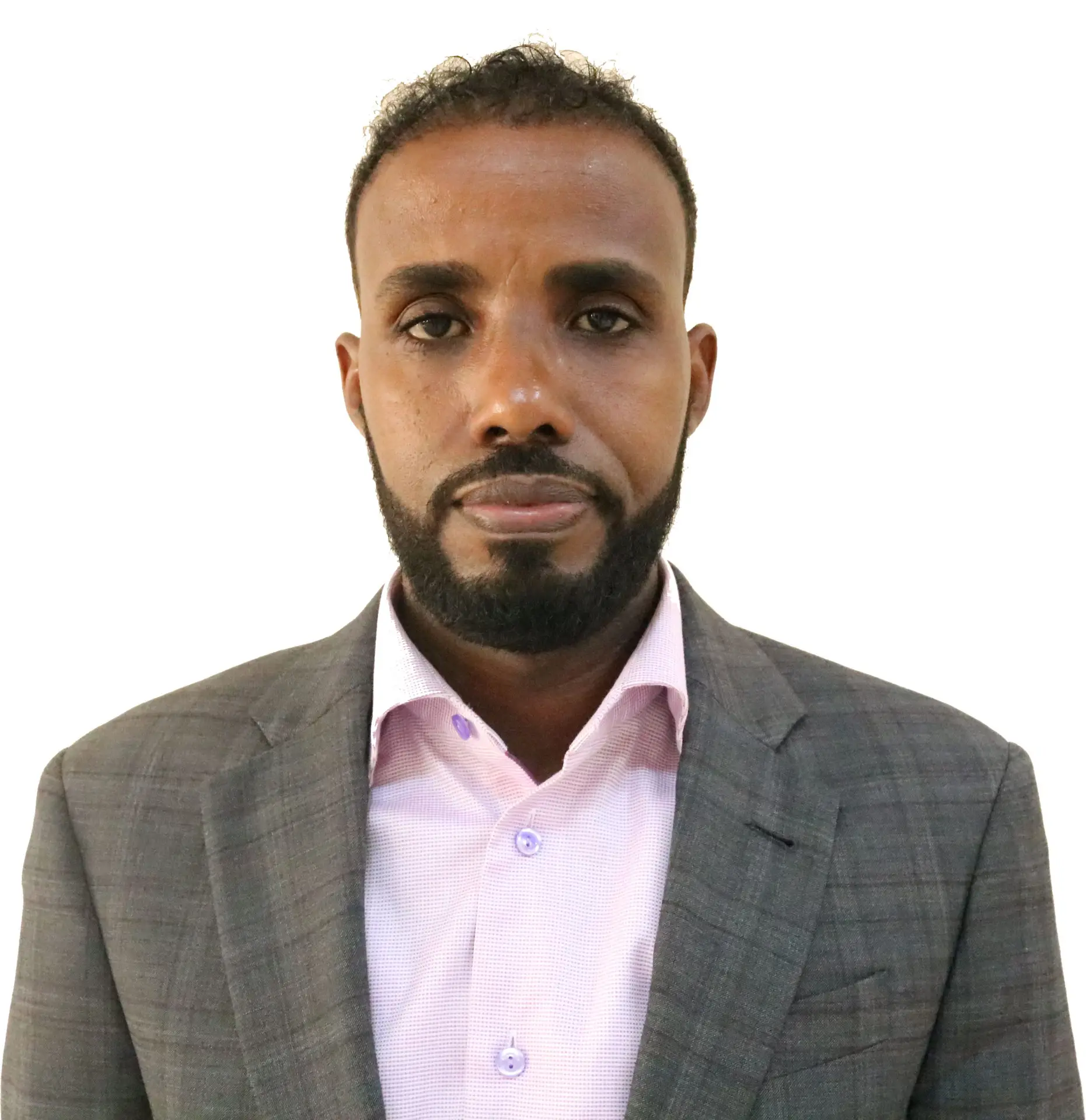 Man with beard wearing gray suit and pink shirt